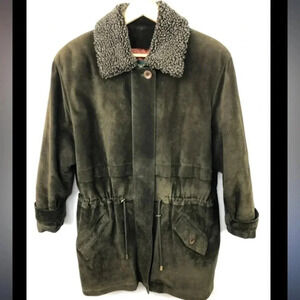 DANIER VTG SUEDE GREEN VINTAGE WINTER COAT ADJUSTABLE BELT FLEECE COLLAR SIZE S